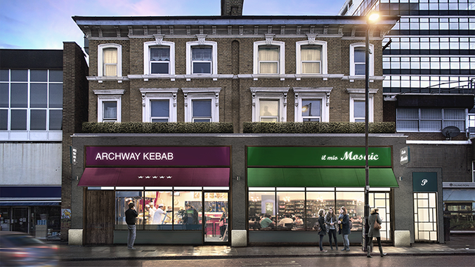 Visualisation of the pair of shop frontages by Lyndon Goode Architects