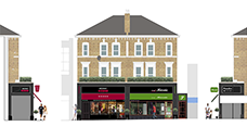 Drawing of the pair of shop frontages by Lyndon Goode Architects, including signage proposals