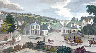 An etching of the historic Archway, from the Turnpike Gatehouse at Holloway