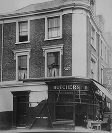 Photograph of the Stone & Roberts Butchers at 93 Junction Road, taken by Ernest Miller in 1904