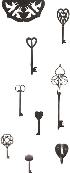 Keys and decorative metalwork, incorporating the Voysey heart motif